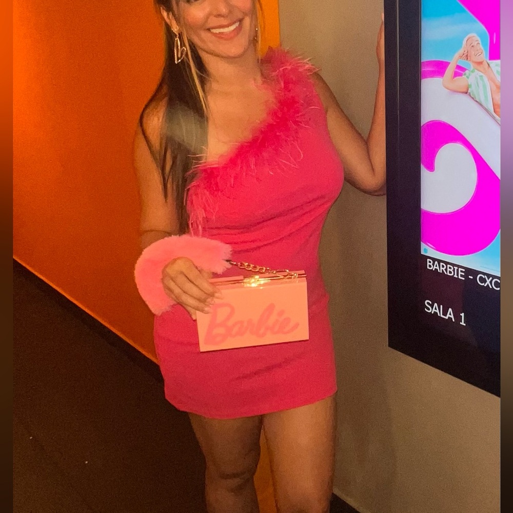 Fuchsia Asymmetric Dress with Feather Trim – Bold & Fun!